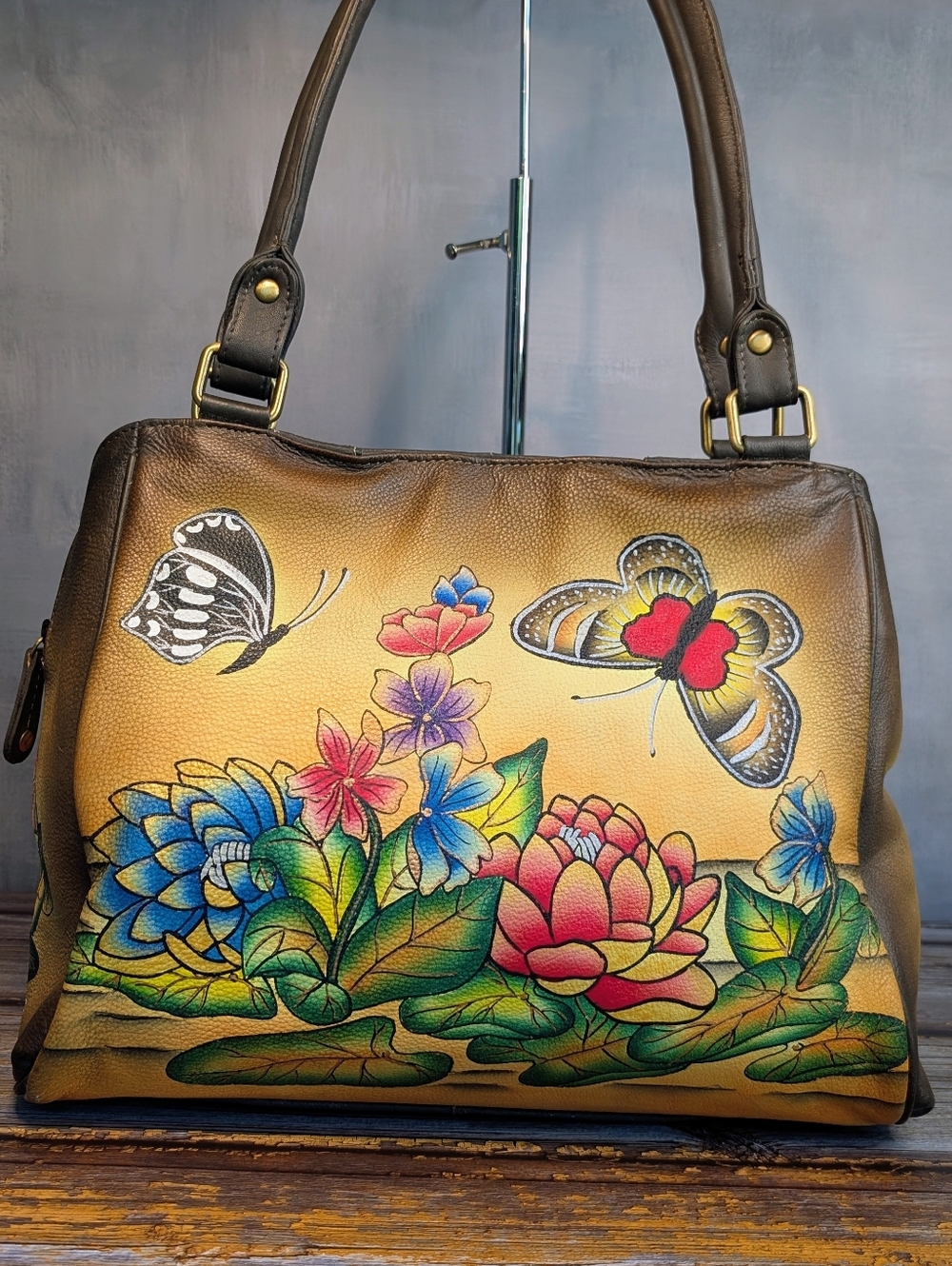 Sukriti Hand-Painted Floral & Butterfly Leather Handbag-NWOT